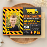 Truck Construction Birthday Party Photo Invitation<br><div class="desc">Amaze your guests with this cool construction birthday party invite featuring trucks and cute construction elements with modern typography against a chalkboard background. Simply add your event details on this easy-to-use template and adorn this card with your child's favorite photo to make it a one-of-a-kind invitation. Flip the card over...</div>