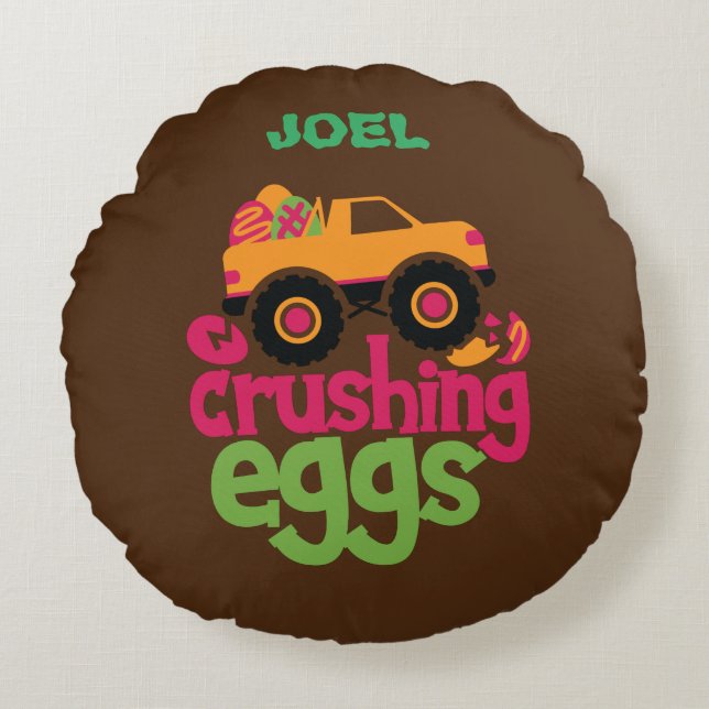 TRUCK CRUSHING EGGS PERSONALIZED THROW PILLOW. ROU ROUND CUSHION (Front)