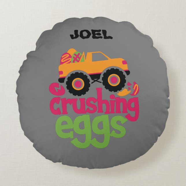 TRUCK CRUSHING EGGS PERSONALIZED THROW PILLOW. ROU ROUND CUSHION (Front)