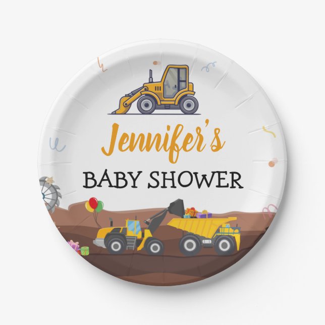 Truck Digger Under Construction Baby Birthday Paper Plate (Front)