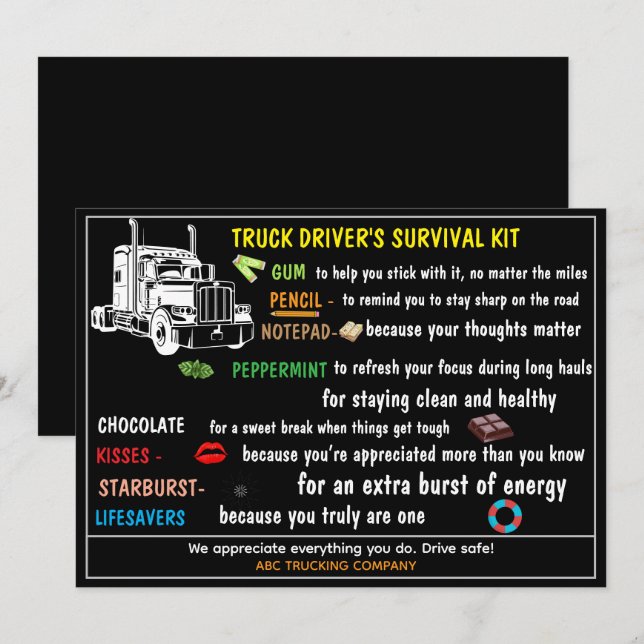 Truck Driver’s Survival Kit Funny & Thoughtful  Thank You Card (Front/Back)