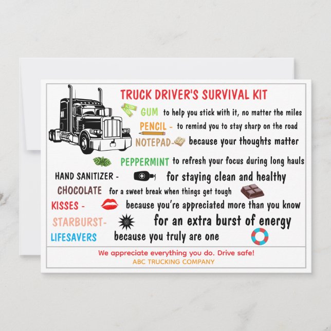 Truck Driver’s Survival Kit Funny & Thoughtful  Thank You Card (Front)