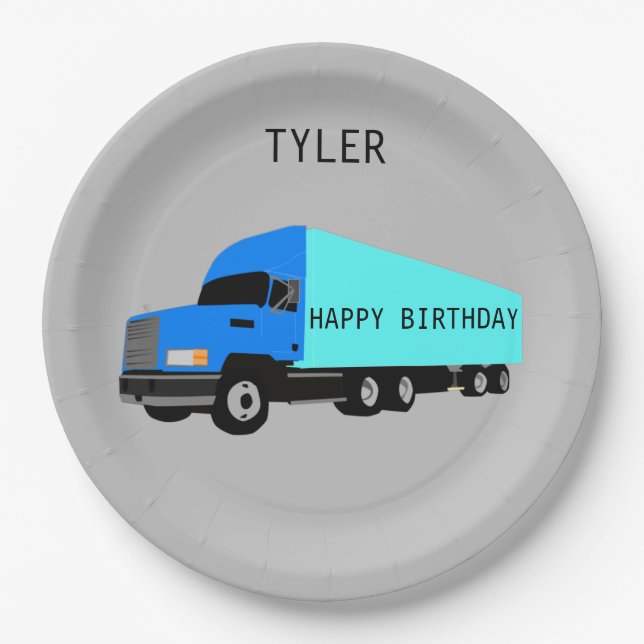 "TRUCK" Happy Birthday paper plates for kids. (Front)