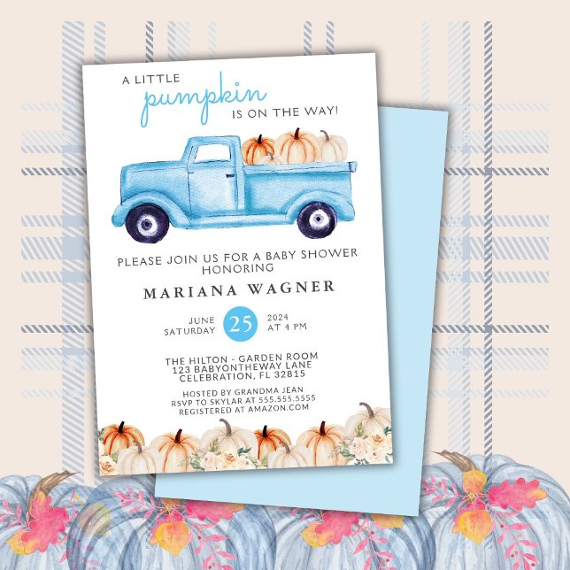 Truck Little Pumpkin Blue Boy Baby Shower Invitation (Creator Uploaded)