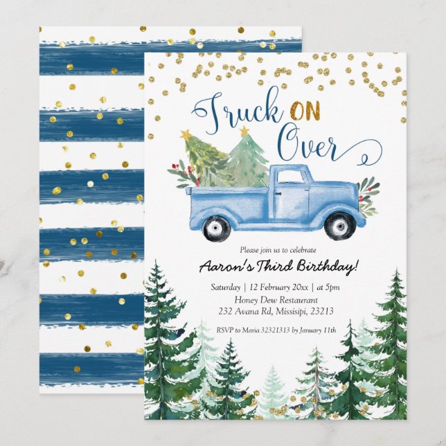 Truck on Over Blue Christmas Truck Birthday Invitation (Front/Back)