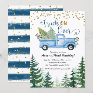 Truck on Over Blue Christmas Truck Birthday Invitation