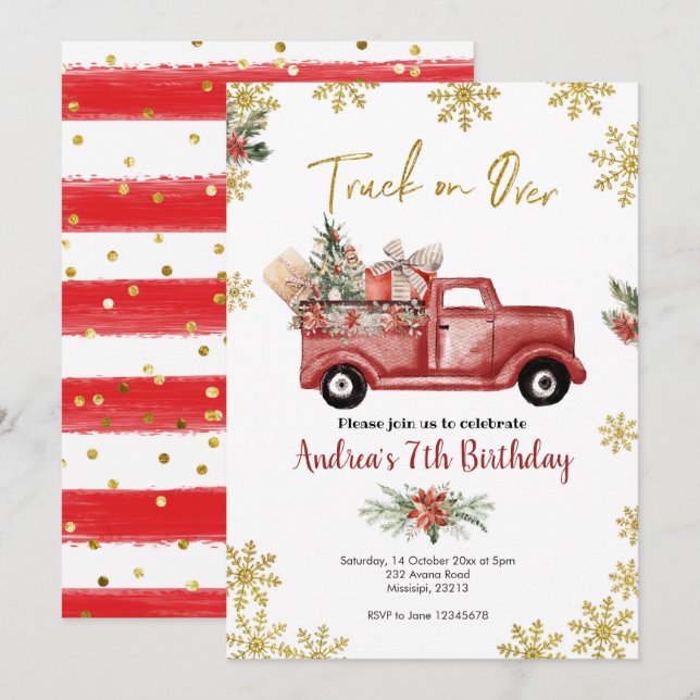 Truck on Over Red Christmas Truck Birthday Invitation (Front/Back)