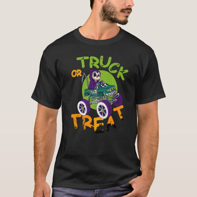 Truck or treat party skeleton scythe cemetery T-Shirt (Front)
