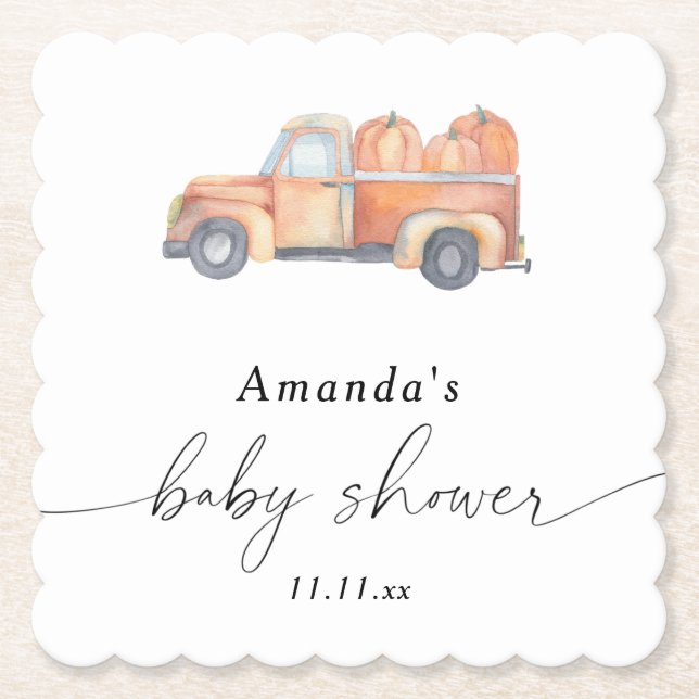 Truck pumpkin autumn baby shower  paper coaster (Front)