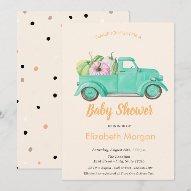 Truck Pumpkin,Polka Dots Baby Shower Invitation (Front/Back)