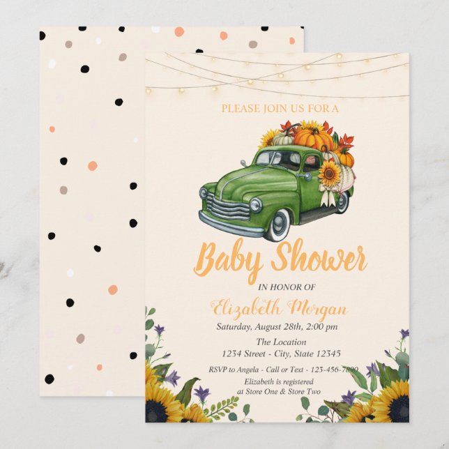 Truck Pumpkin, String Lights,Dots Baby Shower  Invitation (Front/Back)