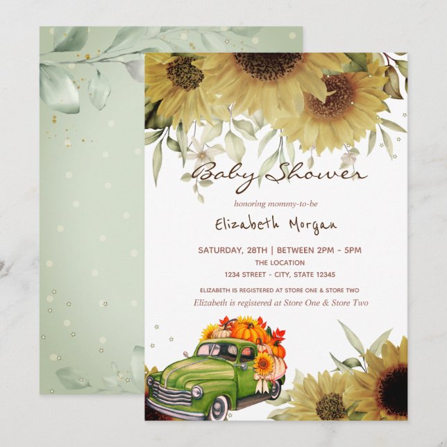 Truck Pumpkin Sunflowers Drive Baby Shower  Invitation (Front/Back)