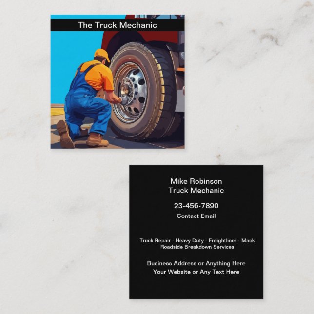 Truck Repair Mechanic And Roadside Assistance Square Business Card (Front/Back)