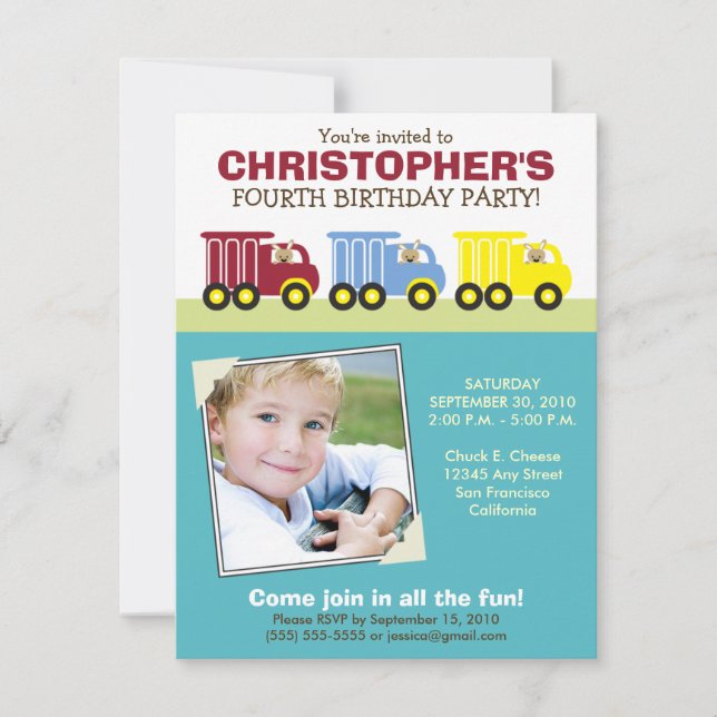 Truck Trio Boy's Aqua Birthday Party Invitation (Front)