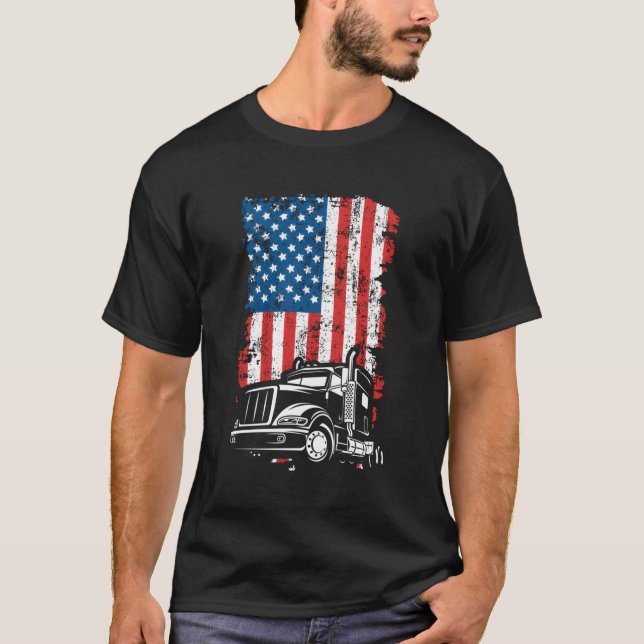 Truck Trucker American Flag T-Shirt (Front)