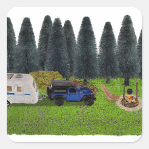Truck with a Pull Camper in the Woods Cleared Camp Square Sticker