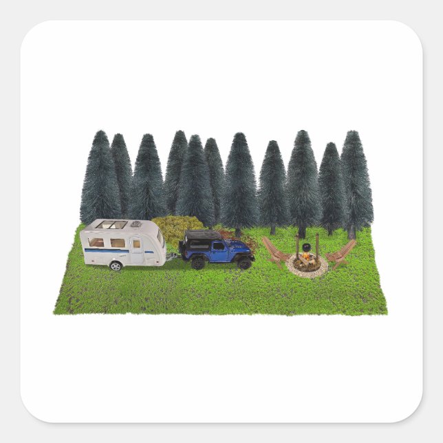 Truck with a Pull Camper in the Woods Cleared Camp Square Sticker (Front)