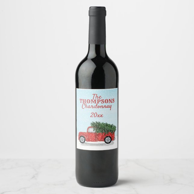 truck with Christmas Tree Cute Winter Holiday Wine Label (Front)