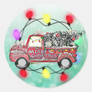 Truck with Christmas Tree Lights and Tree Classic Round Sticker