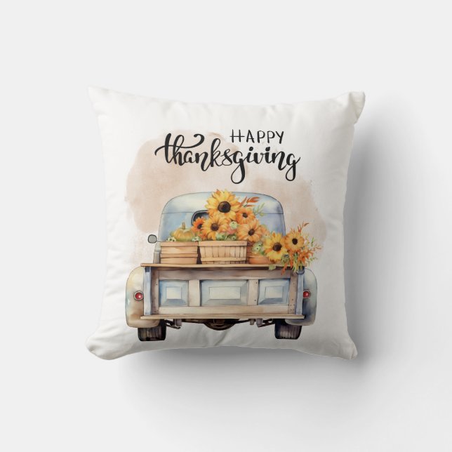 Truck with Pumpkin on Country Road Throw Pillows (Front)