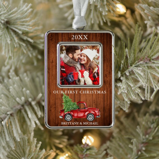 Truck Wood Our First Christmas Couple Photo Silver Plated Framed Ornament (Tree)