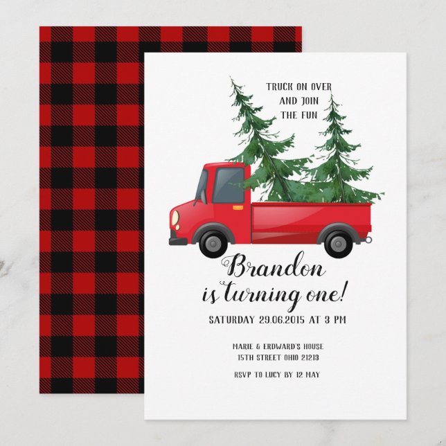 Truck Wood Red Plaid First Birthday Invitation (Front/Back)