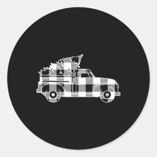Truck Xmas Tree Black & White Buffalo Plaid Me Classic Round Sticker