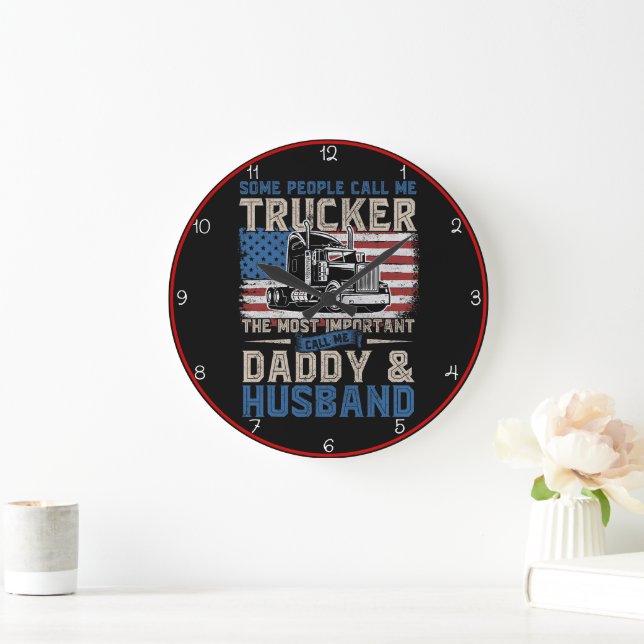 Trucker, Daddy, Husband American Flag Large Clock (Home)