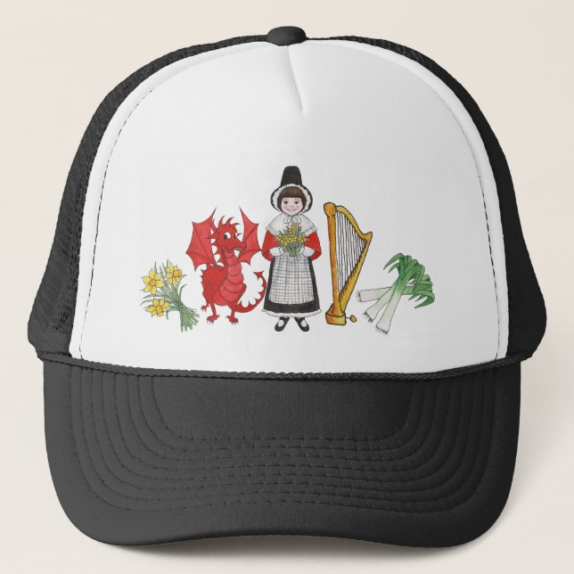 Trucker Hat: Welsh, Daffodils, Dragon, Leeks, Harp Hat (Front)