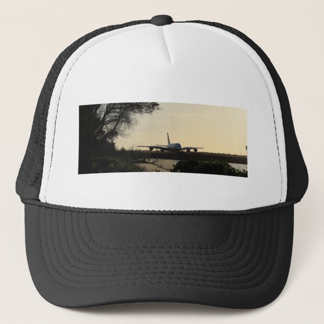 Trucker Hat with Airbus A380 Aircraft at Sunrise (Front)