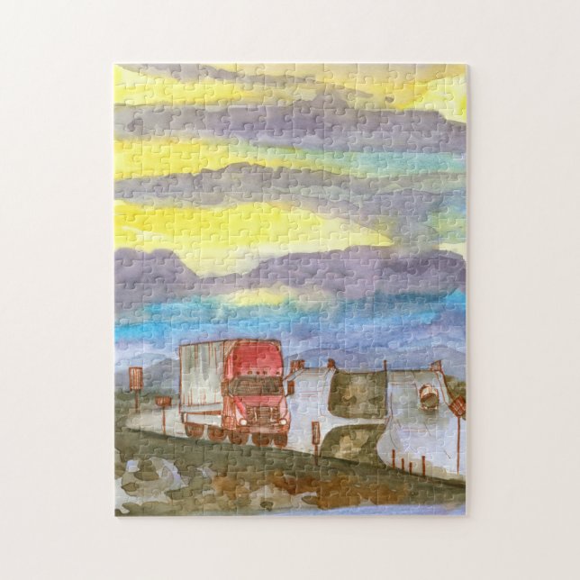 Trucker Semi Long Haul Truck Driver Sunrise Jigsaw Puzzle (Vertical)