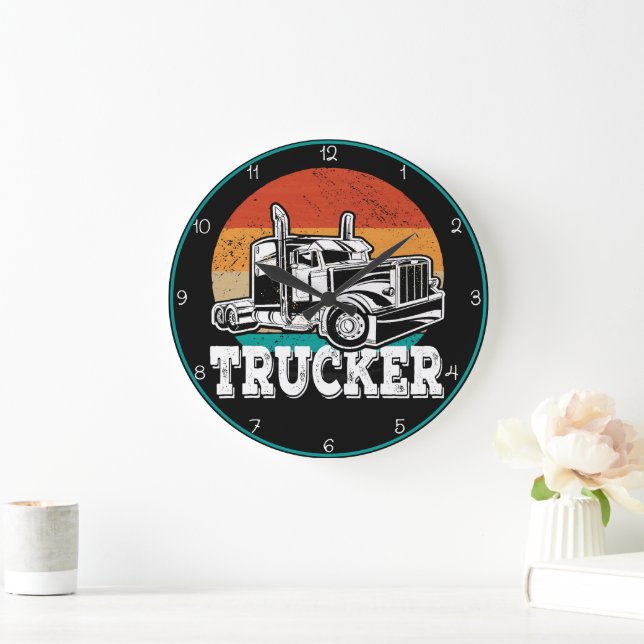 Trucker: Sunset Road, Teal Rim Large Clock (Home)