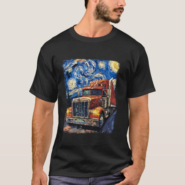 Trucker Truck Driver Trucking Starry Night Paintin T-Shirt (Front)