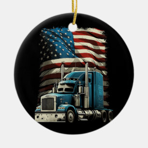 Trucker US American Flag For Patriotic Truck Drive Ceramic Tree Decoration