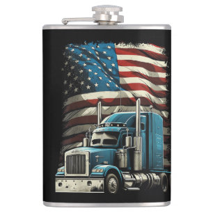 Trucker US American Flag For Patriotic Truck Drive Hip Flask