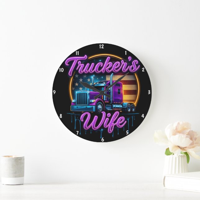 Trucker's Wife: Neon Flag Glow Large Clock (Home)