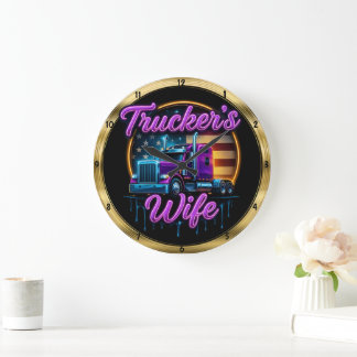 Trucker's Wife: Neon Flag, Gold Rim Large Clock