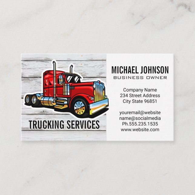 Trucking Services | Red Semi Truck | Construction Business Card (Front)
