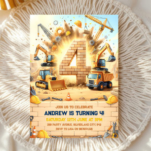 Trucks and Cranes 4th Birthday Invitation
