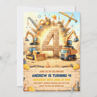 Trucks and Cranes 4th Birthday Invitation