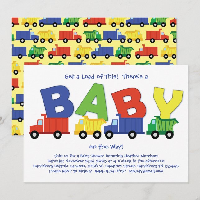 Trucks Baby Shower Dump Truck Boy Invitation (Front/Back)
