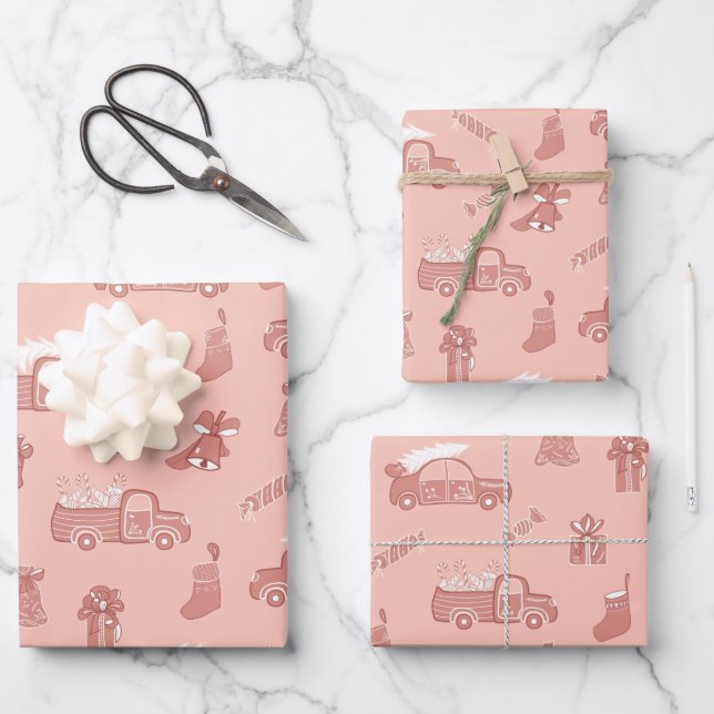 Trucks Bells Pattern Light Rose Pink Christmas Wrapping Paper Sheet (Front)