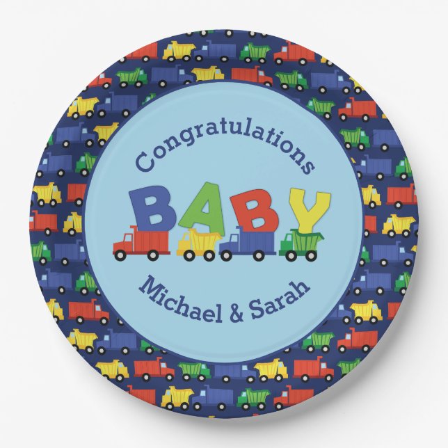 Trucks Boy Baby Shower Construction Cute Paper Plate (Front)