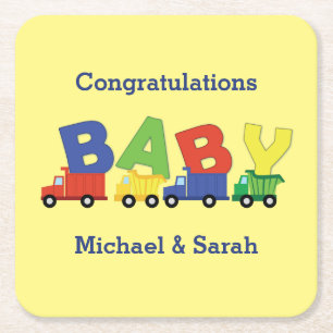 Trucks Boy Baby Shower Construction Cute Square Paper Coaster