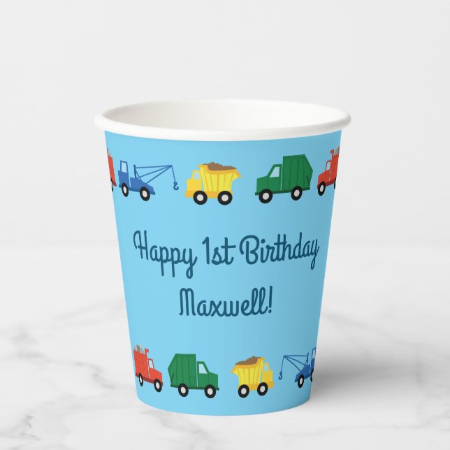 Trucks Cars Cute 1st Birthday Party Kids Paper Cups (Front)