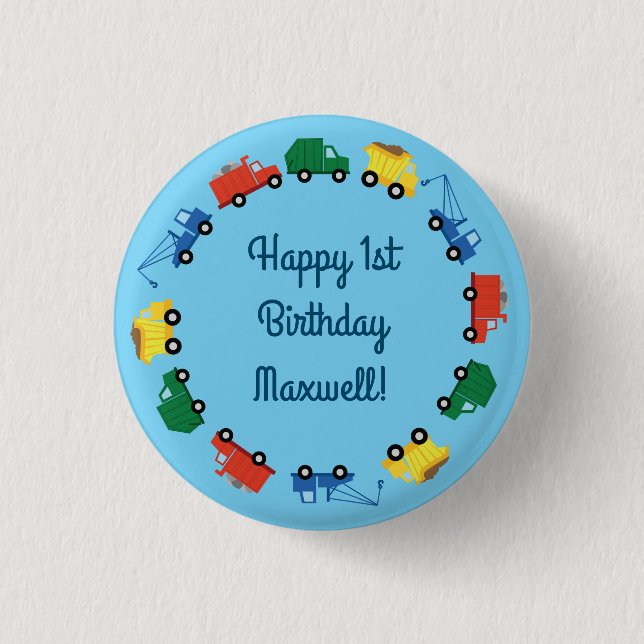 Trucks Cars Cute 1st Birthday Party Theme 3 Cm Round Badge (Front)
