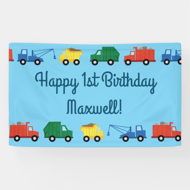 Trucks Cars Cute 1st Birthday Party Theme Banner (Horizontal)