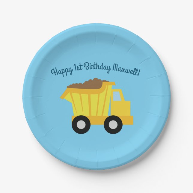 Trucks Cars Cute 1st Birthday Party Theme Paper Plate (Front)