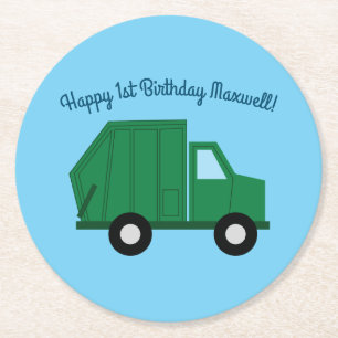 Trucks Cars Cute 1st Birthday Party Theme Round Paper Coaster