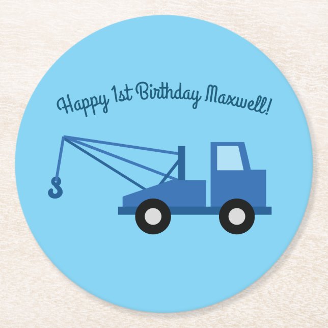 Trucks Cars Cute Boy Kids Birthday Party Theme Round Paper Coaster (Front)